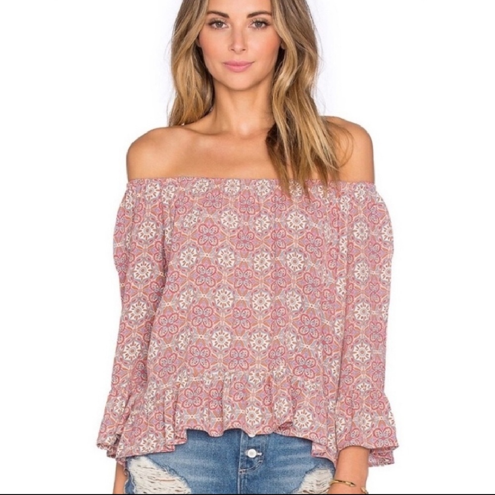 sanctuary boho ruffle bell sleeve off shoulder top